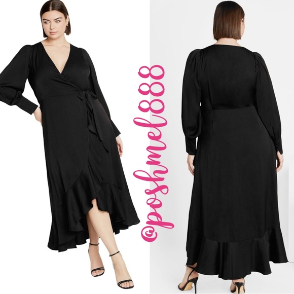 City Chic Dresses & Skirts - Elegant Black Matte Satin Flowing Ruffle Hem Balloon Sleeve True Wrap Dress